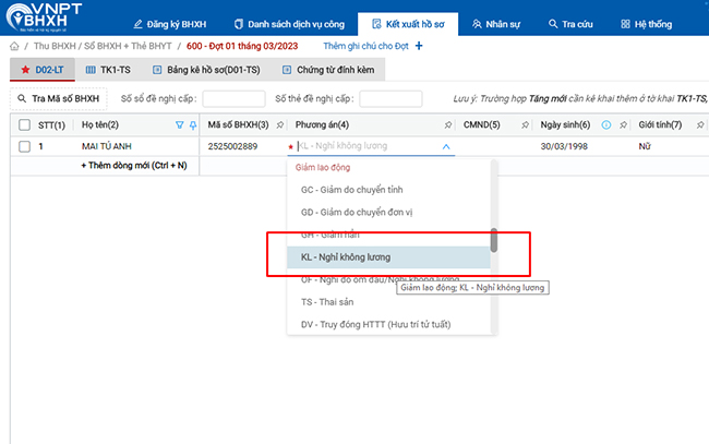 Chọn mã KL – Nghỉ không lương để báo giảm BHXH cho người lao động nghỉ không lương từ 14 ngày trở lên
