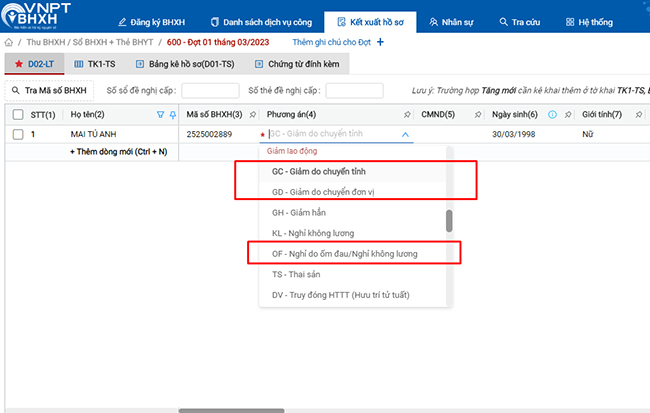 Chọn mã GC, GD hoặc OF tùy thuộc vào trường hợp tạm hoãn hợp đồng lao động