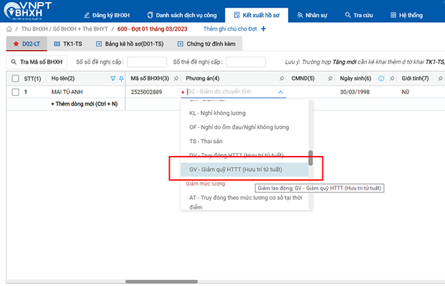Chọn mã GV trong trường hợp báo giảm do tạm dừng đóng vào quỹ hưu trí, tử tuất