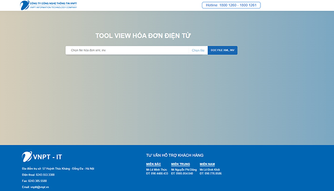 Giao diện cổng thông tin hỗ trợ đọc file XML hóa đơn điện tử VNPT trực tuyến