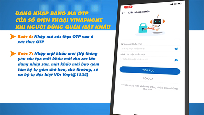 Tạo mật khẩu mới cho tài khoản vnEdu và nhấn “Tiếp tục” để đăng nhập vào hệ thống