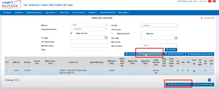 Ấn Phát hành hóa đơn để xuất hóa đơn điện tử (có 2 nút ở trên và dưới, người dùng ấn nút nào cũng được)